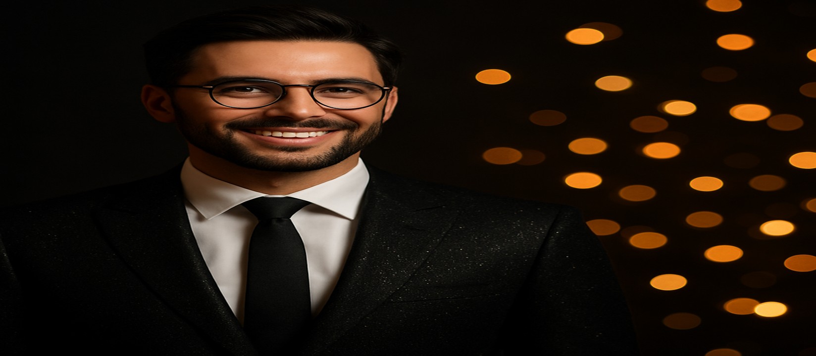 কালো স্যুট পরা একজন আত্মবিশ্বাসী ব্যক্তি, চারপাশে ছড়িয়ে পড়া সোনালি আলো — bd1111